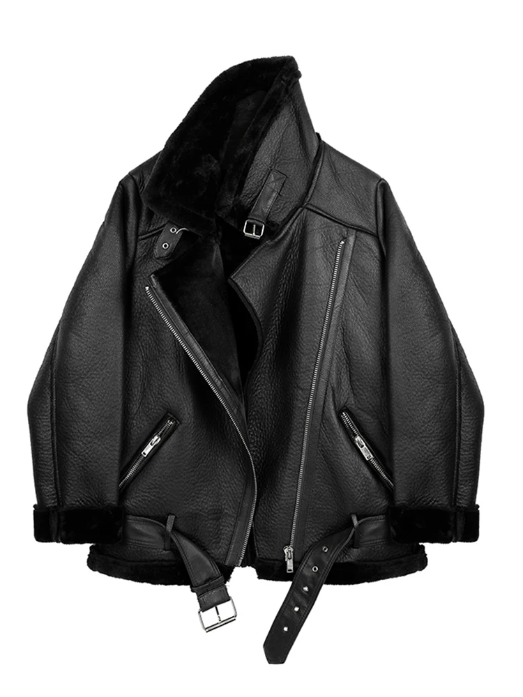 FTLZZ-Veste en Faux Cuir Souple pour Femme, Manteau de Motard en Fourrure de Mouton, avec Ceinture, Vêtements d\'Extérieur Chauds