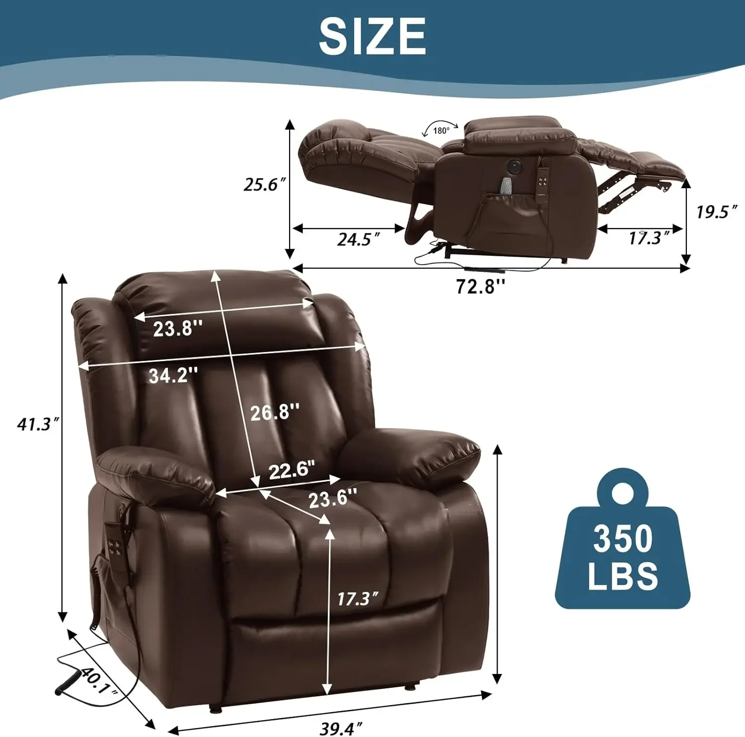 MF ite Posi-Fauteuil inclinable à grande puissance pour personnes âgées, chauffage et massage, ascenseur à plat, inclinables à moteur