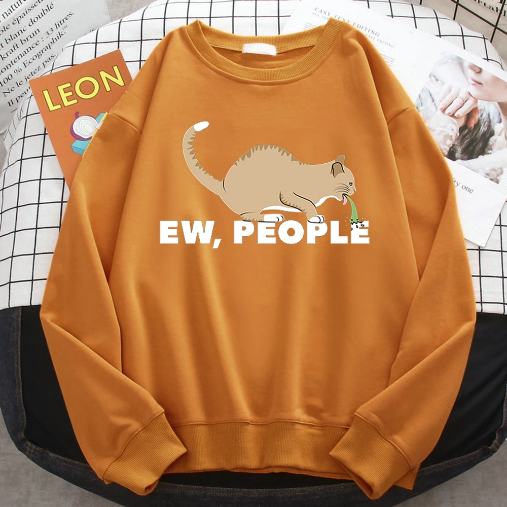 Casual Autumn Pullover For Women Ew People Funny Vomiting Cat Printing Hoodies Crewneck Loose Sweatshirt Warm Fleece Clothes