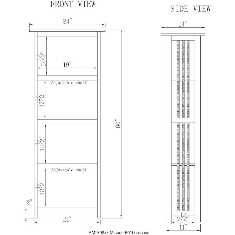 Mission Book Shelf - Estante de 4 camadas com prateleiras ajustáveis para sala de estar ou escritório doméstico, 60 polegadas