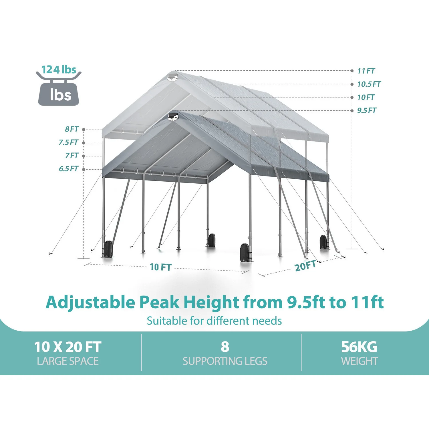 10x20 Heavy Duty Carport Canopy for Car & SUV - Adjustable Peak Height, Removable Roof & Side Walls - Extra Large Portable Garag