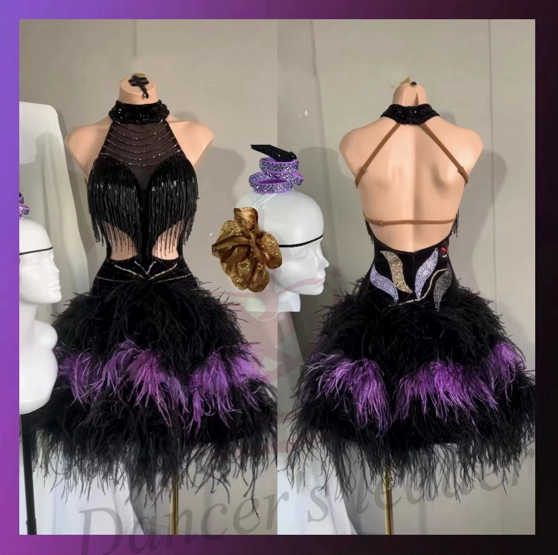 Latin Dance AB Stone Female Adult Children High end Customized Gradient Purple Feather Black Pool Samba Performance Dress