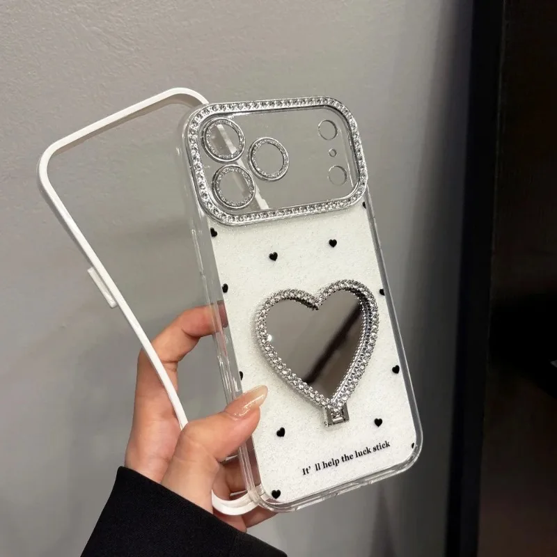 Glitter Diamond Love Heart Mirror Bracket Case for iPhone 16 17 18 Pro Max 15 14 Plus 12 13 Make Up Holder Stand Lens Film Cover view 4
