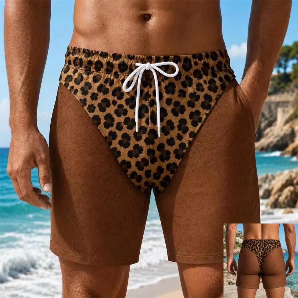 Lustige Herren-Badeshorts mit visueller Illusion, Leoparden-String-Print, schnelltrocknende Badehose, lässige, neuartige Party-Badebekleidung – Detail 5