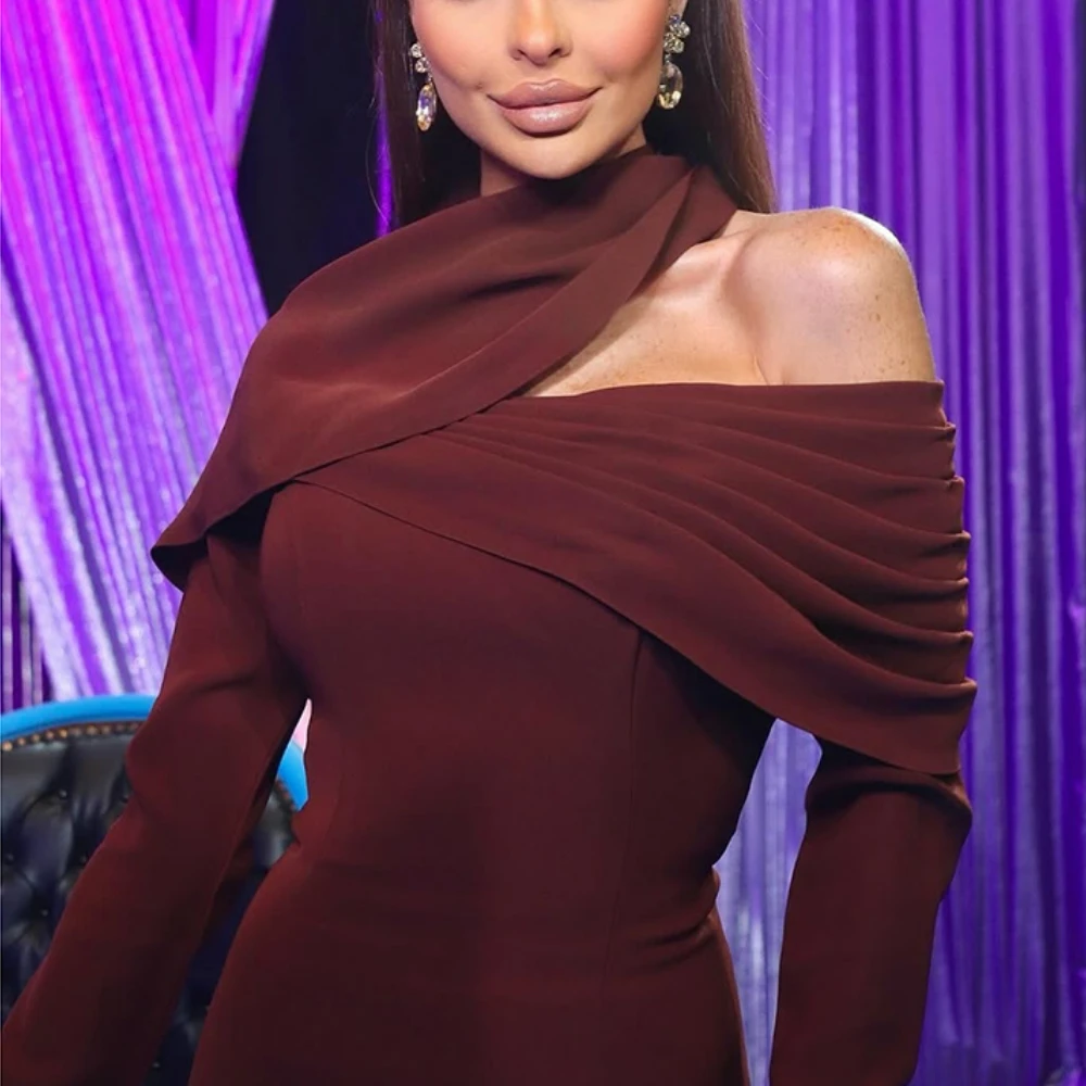 

Вечернее платье из джерси по индивидуальному заказу со складками с открытыми плечами и длинными рукавами Вечерние платья до щиколотки Бордовые вечерние платья