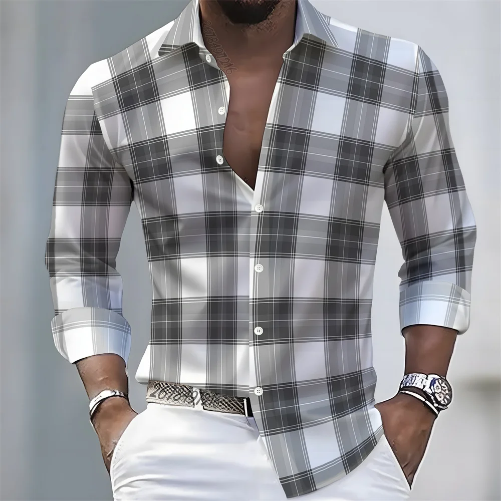 2026 Summer New Men's Color Block Plaid Long-Sleeve Shirt, Wrinkle-Resistant, Business Casual, Versatile, Slim Fit, Lapel Top