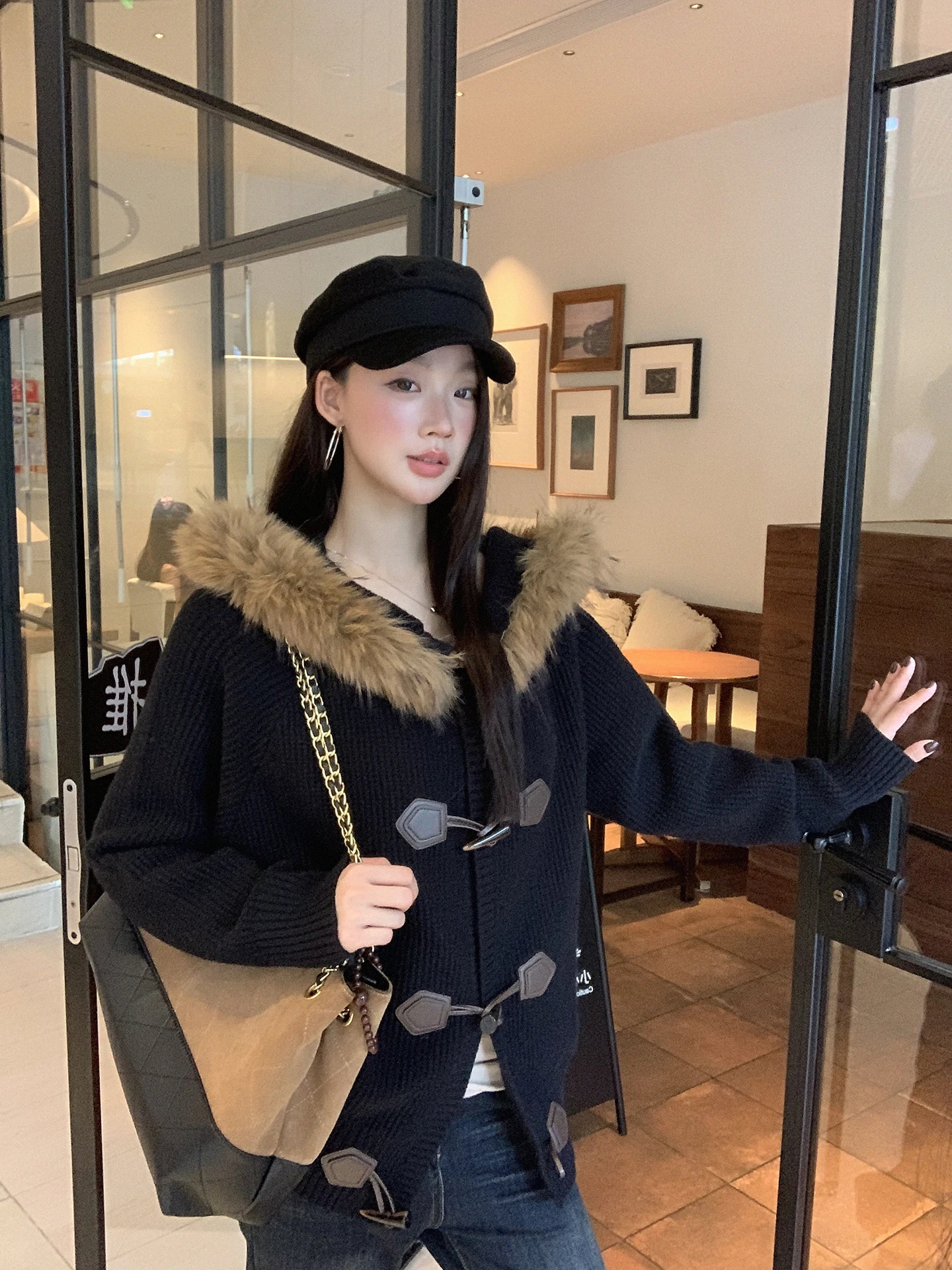 

Черный вязаный открытый кардиган, женская зимняя шапка, дизайнерский свитер на пуговицах, Jaet, прямой крой, для поездок на работу, Faion G Sle