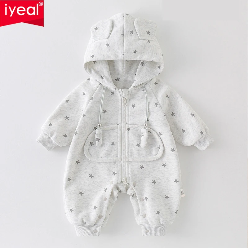 IYEAL Baby Star Print Hooded Romper with Bear Ears, Zipper Front Long Sleeve Infant Jumpsuit, Spring Autumn Newborn Romper
