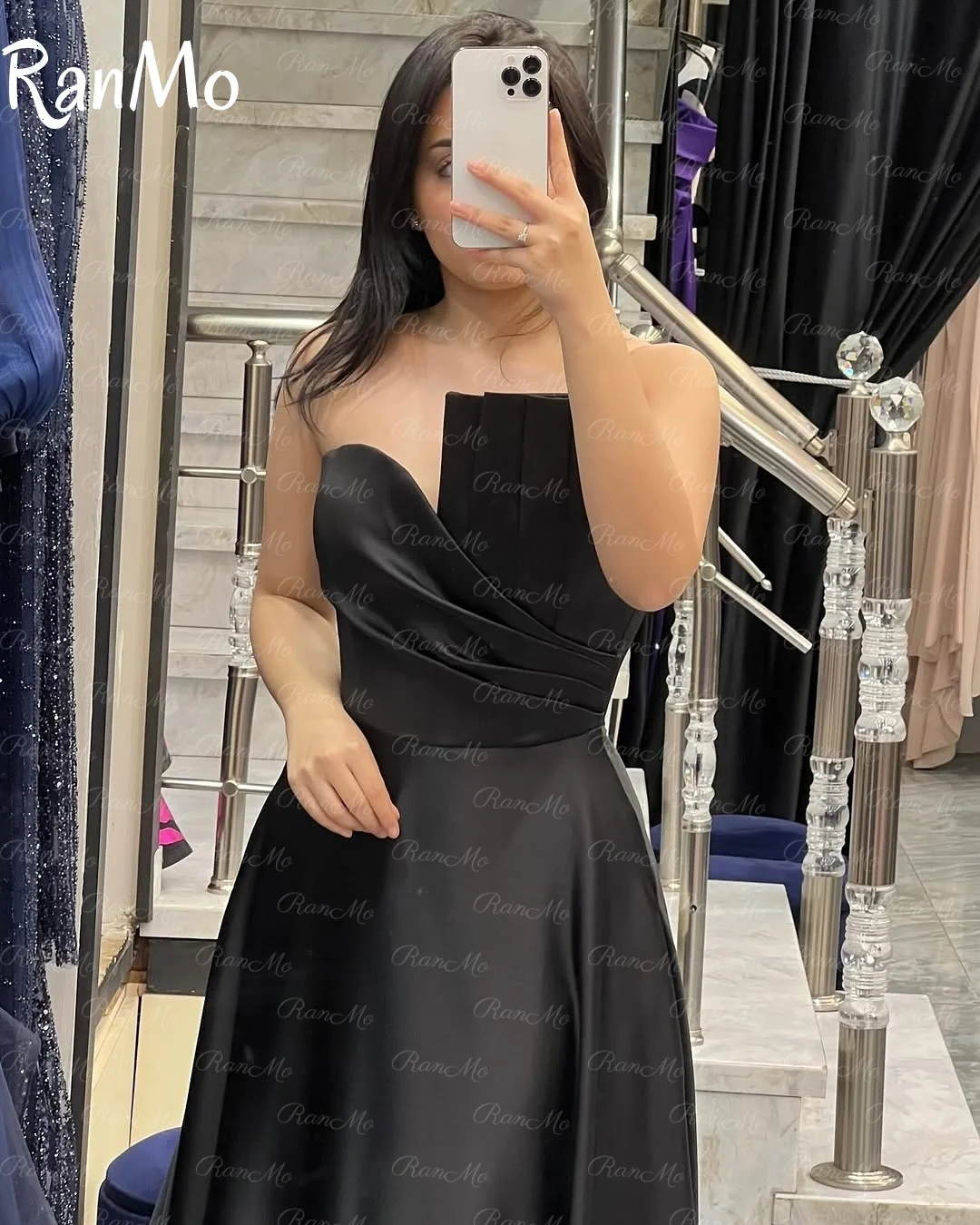 Ranmo 2025: Элегантные черные платья для выпускного вечера трапециевидной формы, вечернее платье без бретелек, атласные платья без рукавов длиной до пола, платья для дня рождения, новинка