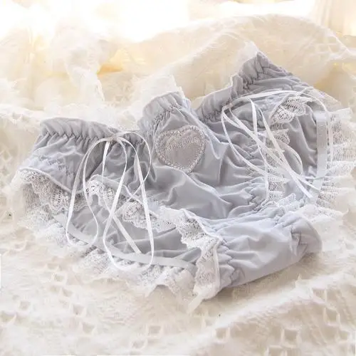 Cute Pink Lolita Love Lace Panties Girls Kawaii Underwear Ice Silk Wrap Buttock Cotton Breathable Women Briefs Thong Lingerie