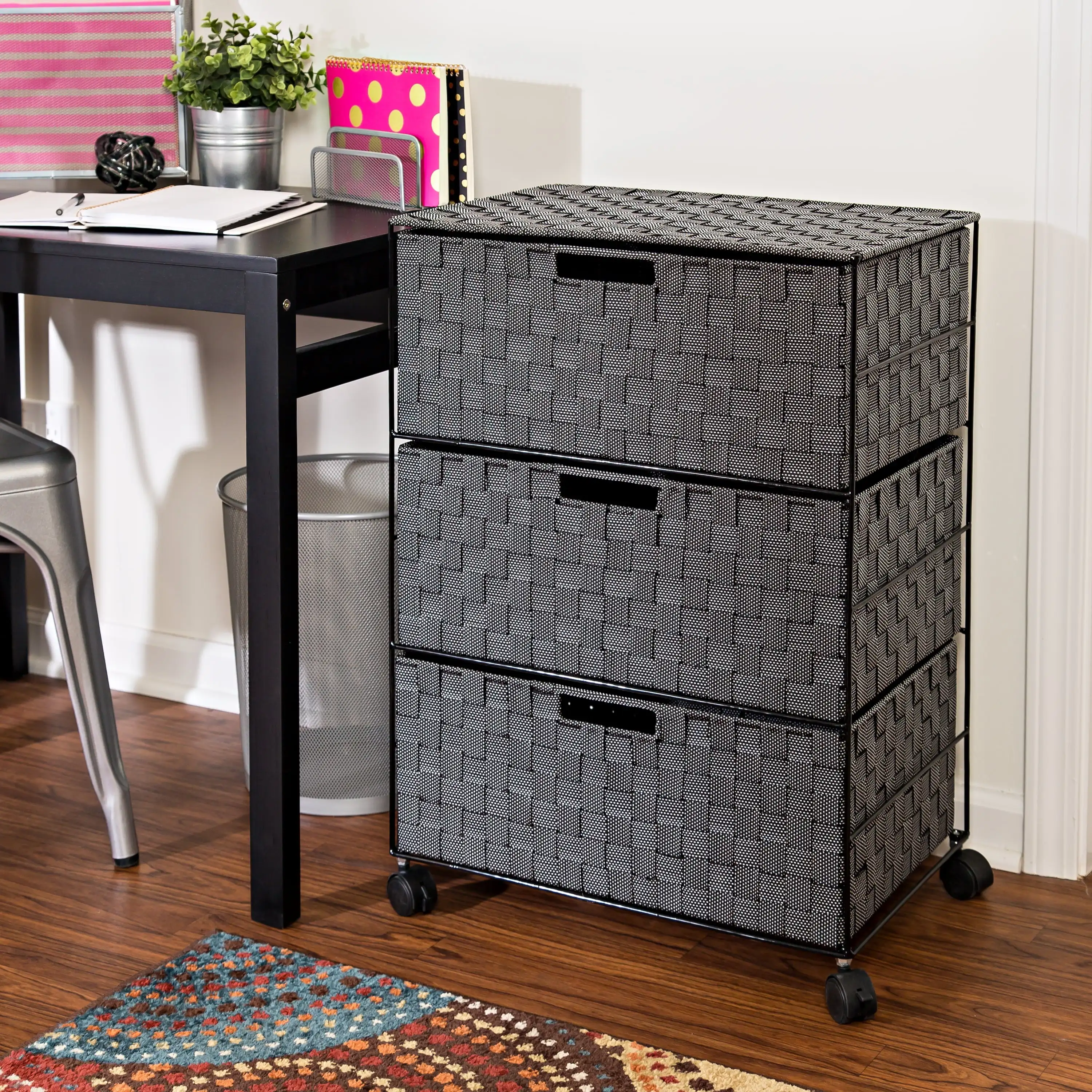 

Steel and Woven 3-Drawer Rolling Storage Cart, Black/White