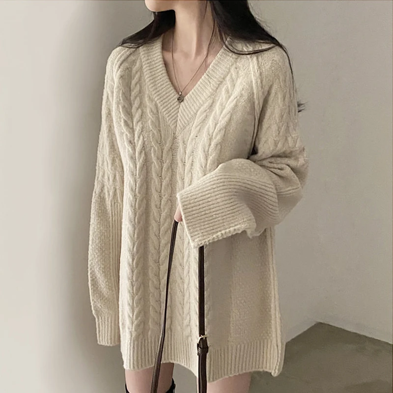 

Pullovers Women Elegant V-Neck Loose Solid Lazy Style All-match Autumn Ladies Sweaters Hot Sale Tender Design Minimalist Soft