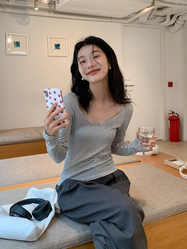 

Женская приталенная футболка с длинным рукавом в полоску, повседневная, с круглым вырезом, весенняя новинка, дышащая, комфортная, с защитой от катышков, топ с V-образным вырезом