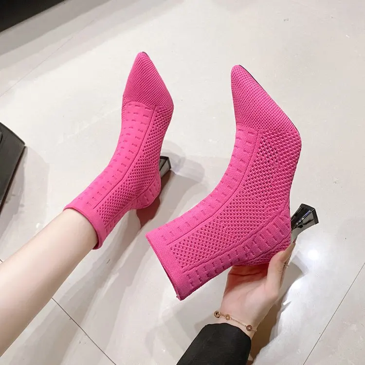 Rock Shoes Woman Lady Boots  Boots-Women Winter Footwear Med 2024 Elegant Pointy Ankle Rubber Cotton Fabric Riding Pointed Toe R