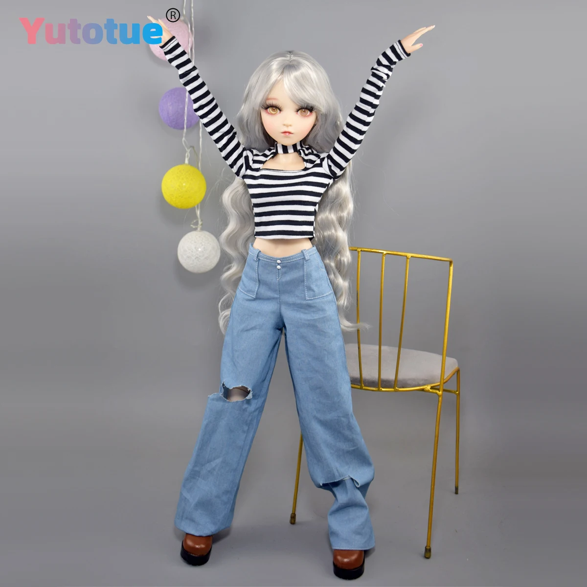 YUTOTUE 60cm Height Girl Doll Gold Eyes T-Shirt Pants Shoes Silver Curly Wig Assemble Finished 1/3 Scale BJD Toy