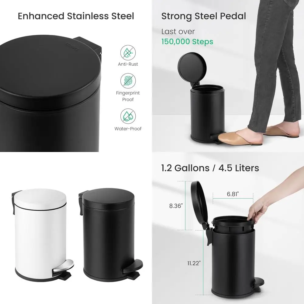 

Foot-Activated 1.2 Gallon Black Trash Bin with Lid, Compact Wastebasket for Bathroom, Bedroom, Office, 4.5L Matte Black