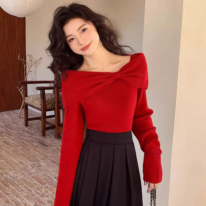 Red Pullovers Women Slash Neck Autumn Winter Casual Tender Elegant Female Tops Sexy Fashion Long Sleeve Mujer Korean Style Cozy