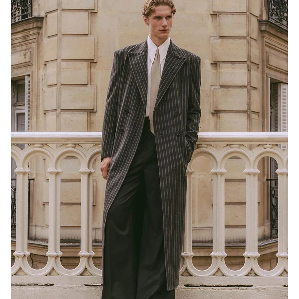 

Retro Vintage 2025 Men's Longline Pinstripe Overcoat Double-Breasted Peak Lapel Loose Fashion Daily Office Date Male Outfits