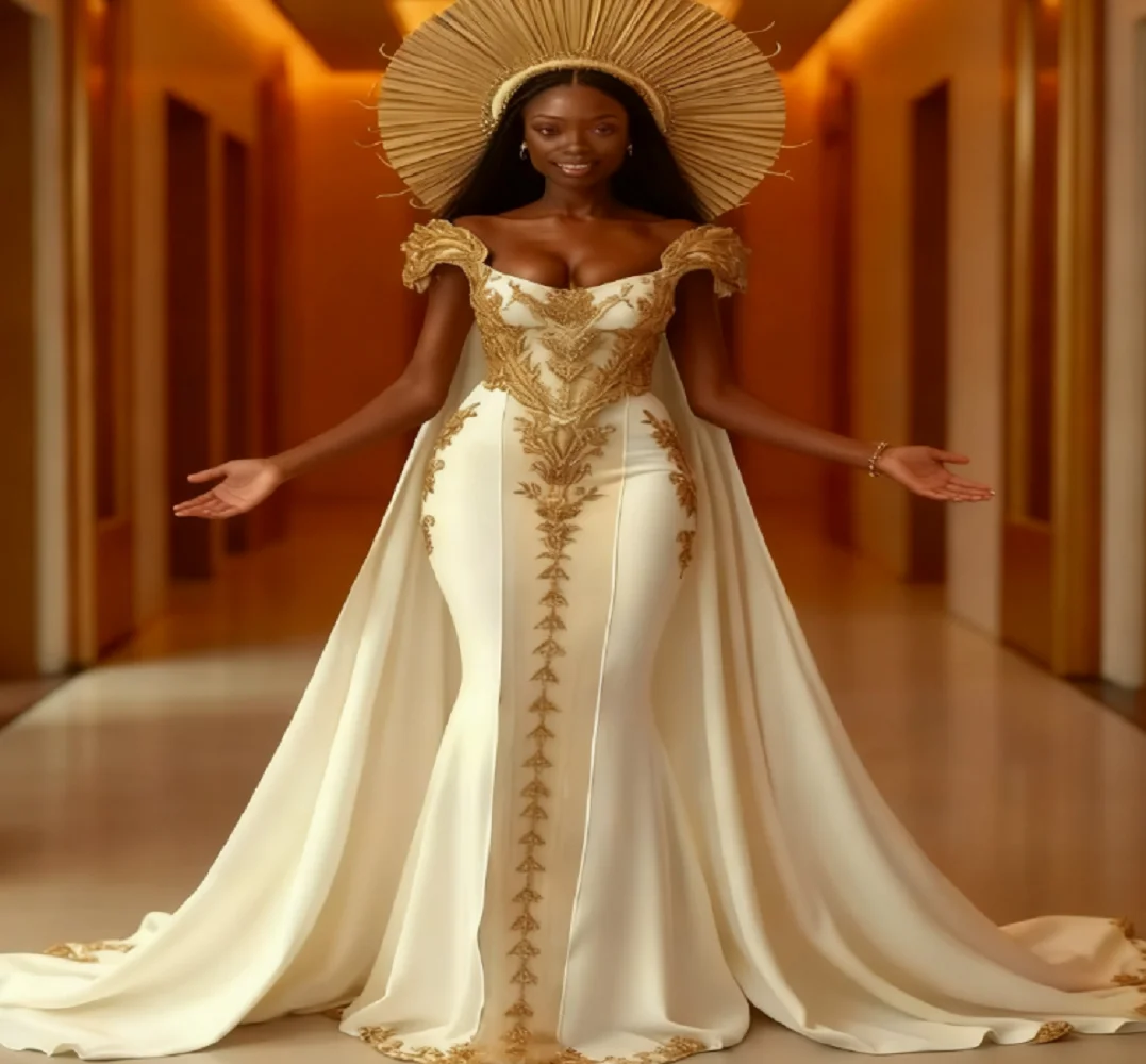 Glamorous Ivory With Gold Mermaid Wedding Dress With Cape Elegant African Nigeria Egyptian Bride Dress 2025 Lace Customized