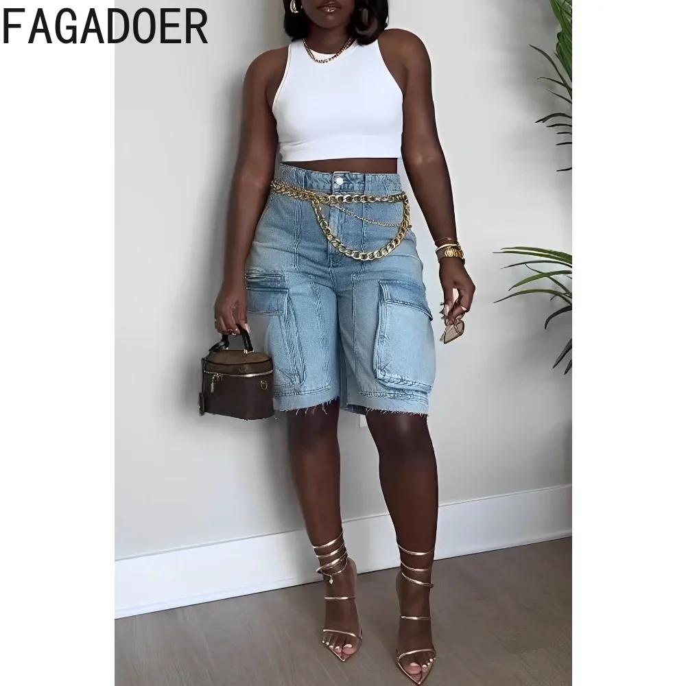 FAGADOER Blue Casual Straight Denim Shorts Women High Waisted Button Pocket Cowboy Bottoms Autumn Casual Solid Sporty Jean 2023