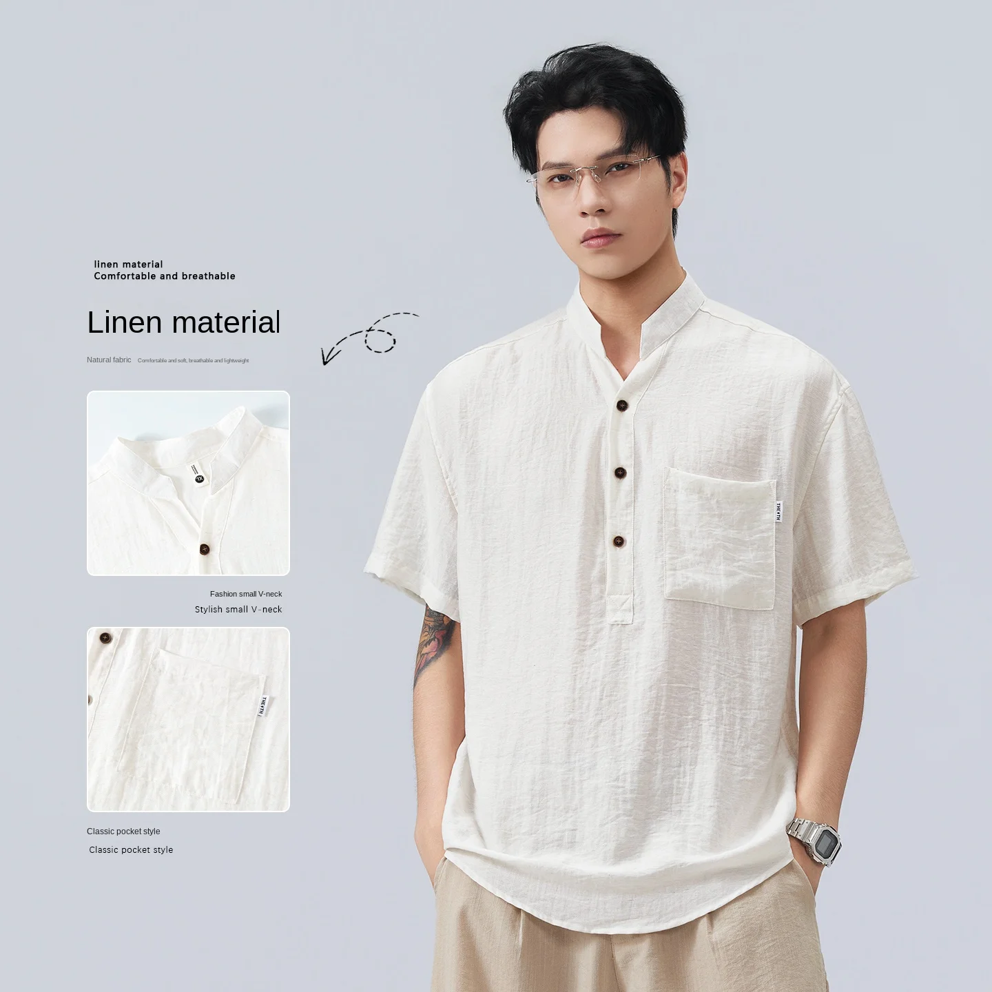 

Men's Polo Shirts T Shirt Casual V Neck Pocket Short Sleeve Linen Relaxed Fit Breathable Lightweight Summer Top