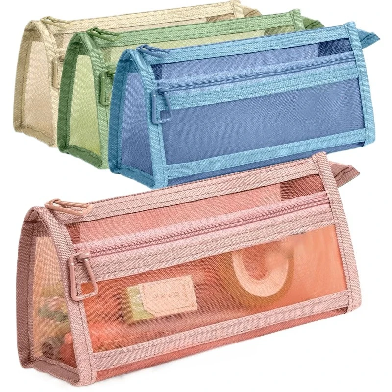 Double-layer Transparent Mesh Cosmetic Bag Students Net Pencil Bag Pouch Zipper Stationery Organizer Case Makeup Brushes Storage