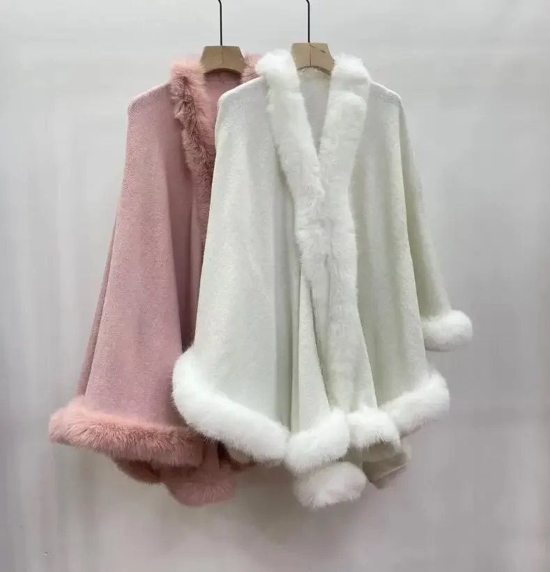 

3 Colors Oversize Shinny Faux Cashmere Fur Collar Poncho Big Pendulum Wedding Cape Women Winter Outwear Batwing Shawl Cloak