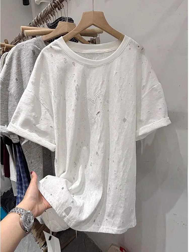 

Ele кружевная лоскутная футболка с вышивкой в виде сердца, женская летняя футболка для похудения, корейский свободный крой
