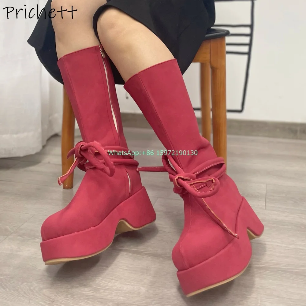 

Solid Side Zipper Platform Boots Round Toe Thick Soled Chunky Heels Cross Tied Knee High Boots Ladies Fashion Rose Winter Shoes