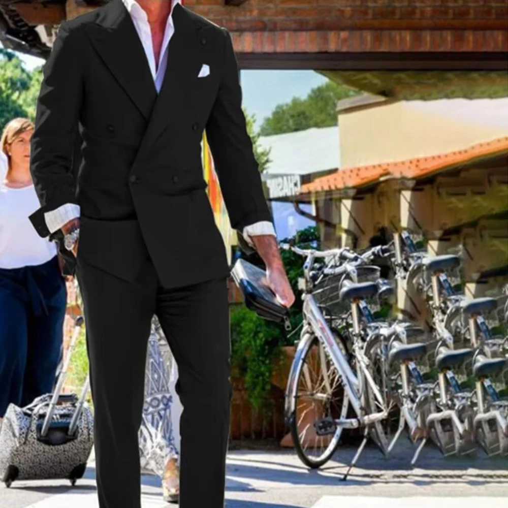 

High-end Black Gray Suits for Men Double Breasted 2 Pieces Jacket Pants Male Clothing Banquet Business Slim Fit Costume Homme