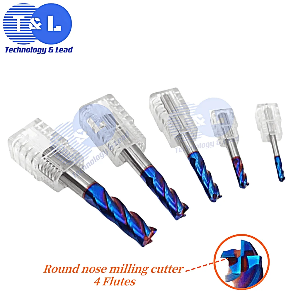 T&L HRC63 Blue Nano Coating Tungsten Steel 4-Flute Round Nose Milling Cutter CNC Machining Center Special Endmills Tools