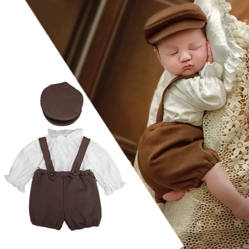 

Костюм для фотосессии новорожденных — наряд из 3 предметов для маленьких мальчиков, комбинезон на подтяжках с длинными рукавами, рубашкой и реквизитом для кепки