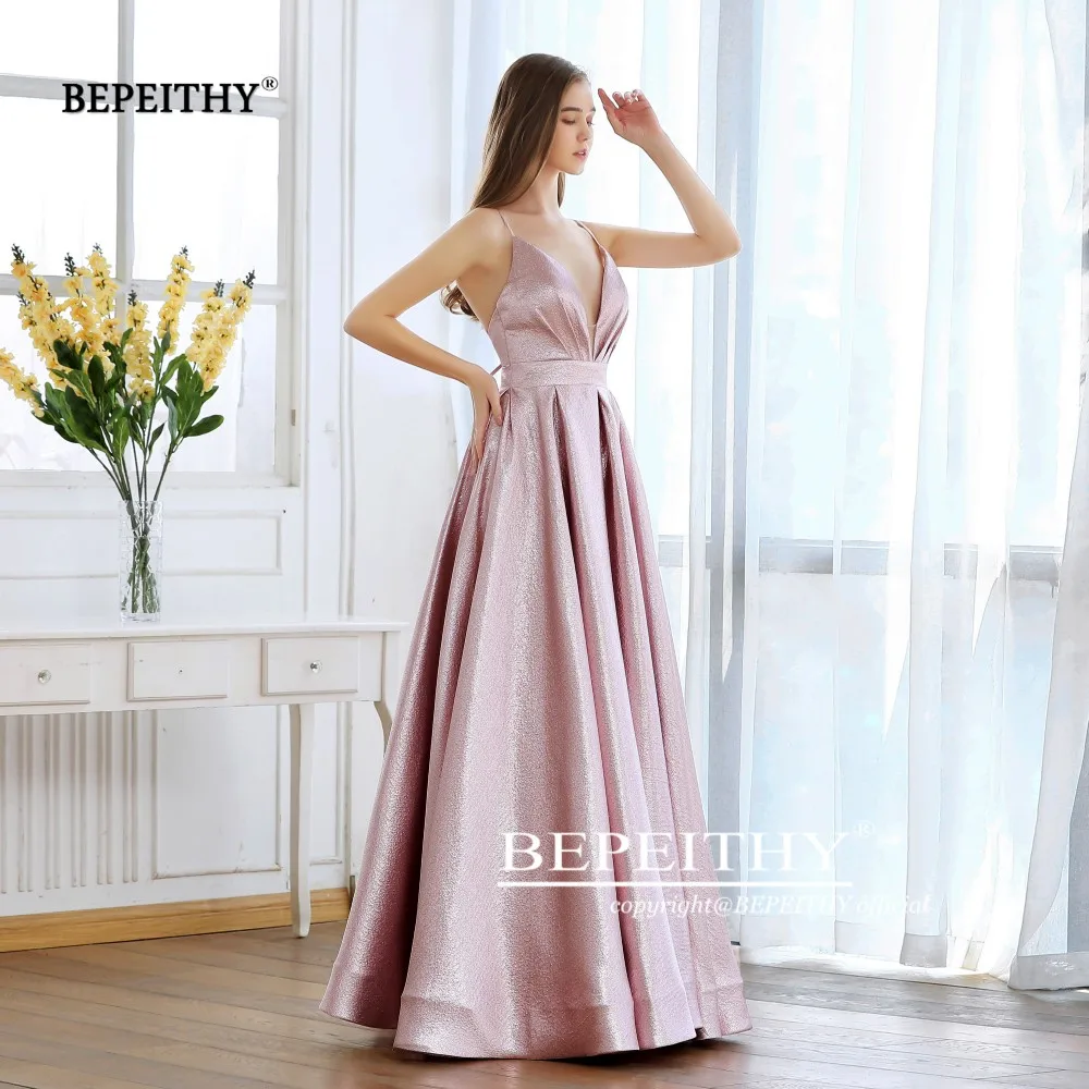 BEPEITHY-vestido de noche rosa con purpurina para mujer, elegante, Sexy, cruzado en la espalda, brillante, para cócteles, línea A, graduación, 2023