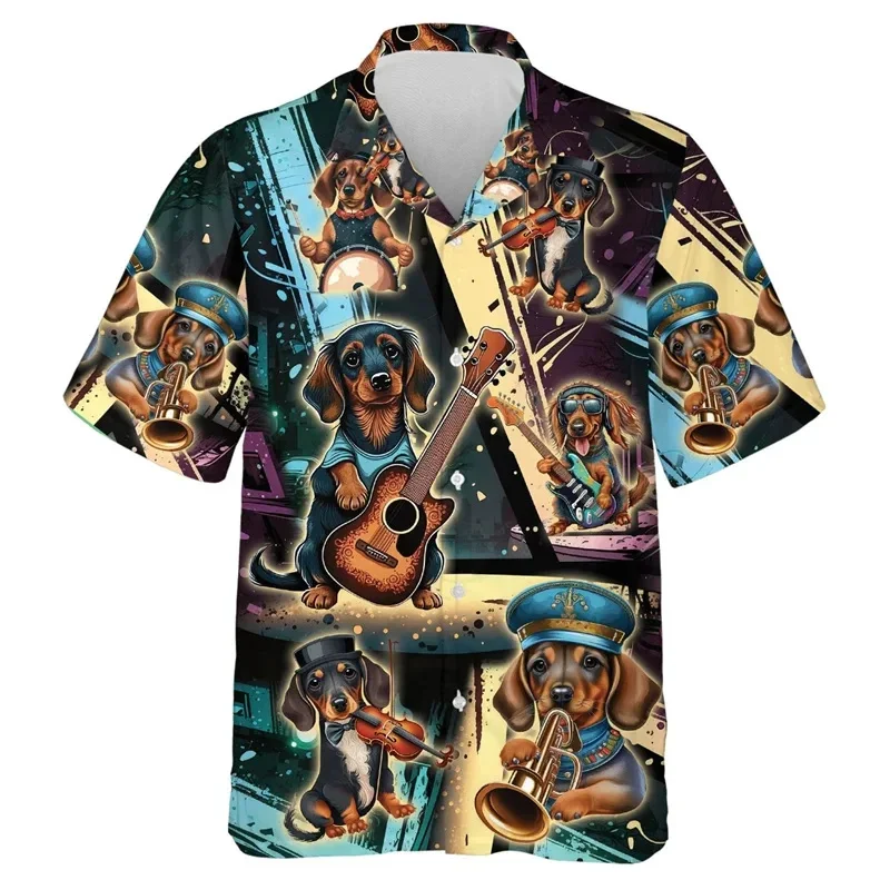 สุนัขเพลงพิมพ์ 3D ของผู้ชาย เสื้อยืดแขนสั้นพร้อมสุนัขและสัตว์เลี้ยงกราฟิกที่น่าสนใจ เสื้อเชิ้ตคอปกคิวบาแขนสั้น