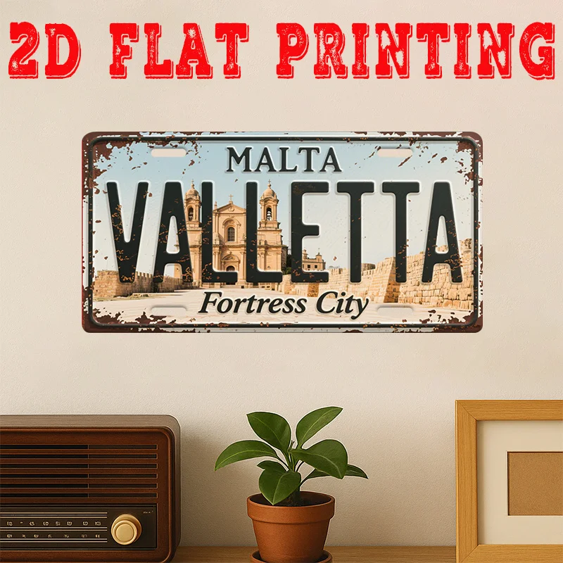 2D Flat, Vintage Valletta City Metal Sign - Retro Malta Fortress Wall Art Suitable for Cafe Decor, Maltese Landmark Decor