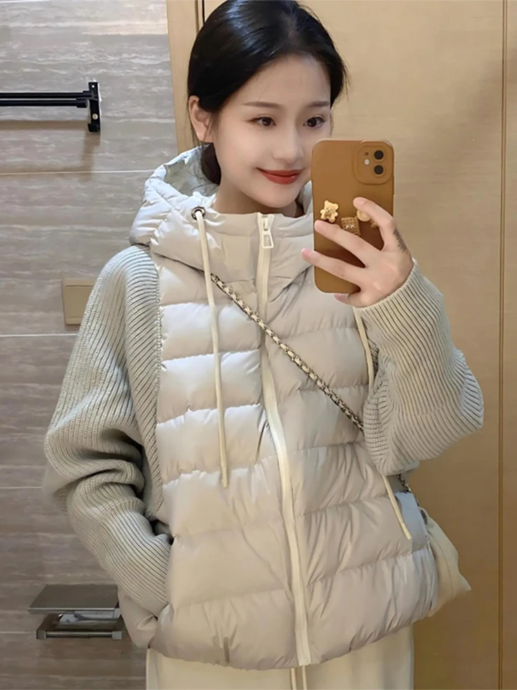 

Модный вязаный топ-двойка в стиле пэчворк с эффектом стройности, корейский стиль, свободный крой, на молнии, для повседневной носки, удлиненный.