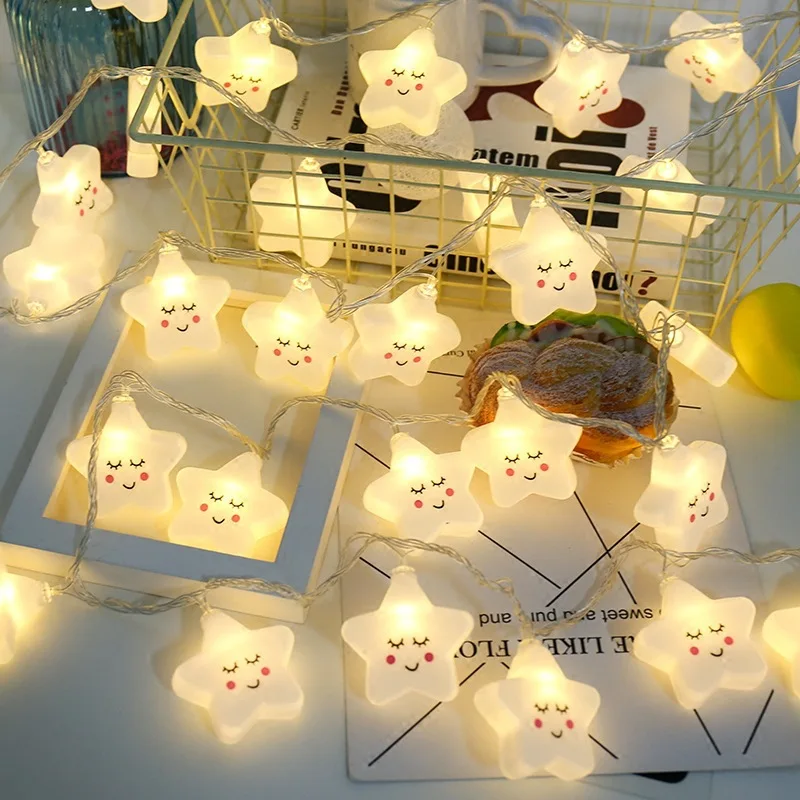 Guirnalda de luces LED con forma de estrella sonriente para niños, decoración de noche con batería/recarga USB, decoración de dormitorio, lámparas