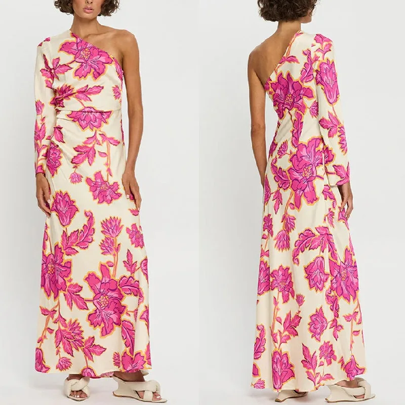 DYKR 2025 サマードレス卸売ファッションローズプリントサテンドレス女性の斜め肩とエレガントなロングスカート Vestidos