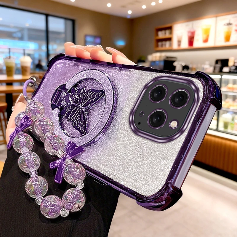 

16Pro Butterfly bracket and lanyard Plating Phone Case For iPhone 15ProMax 14Pro 16Pro 16ProMax 13 16 15Pro 13Pro 14 15 Cover