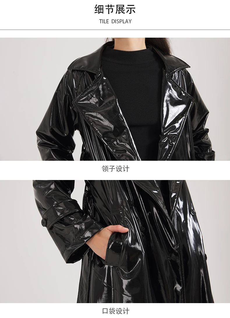 Lautaro Spring Autumn Black Shiny Reflective Soft Patent Leather Trench Coat for Women Luxury Designer Floor Length Clothes 2024