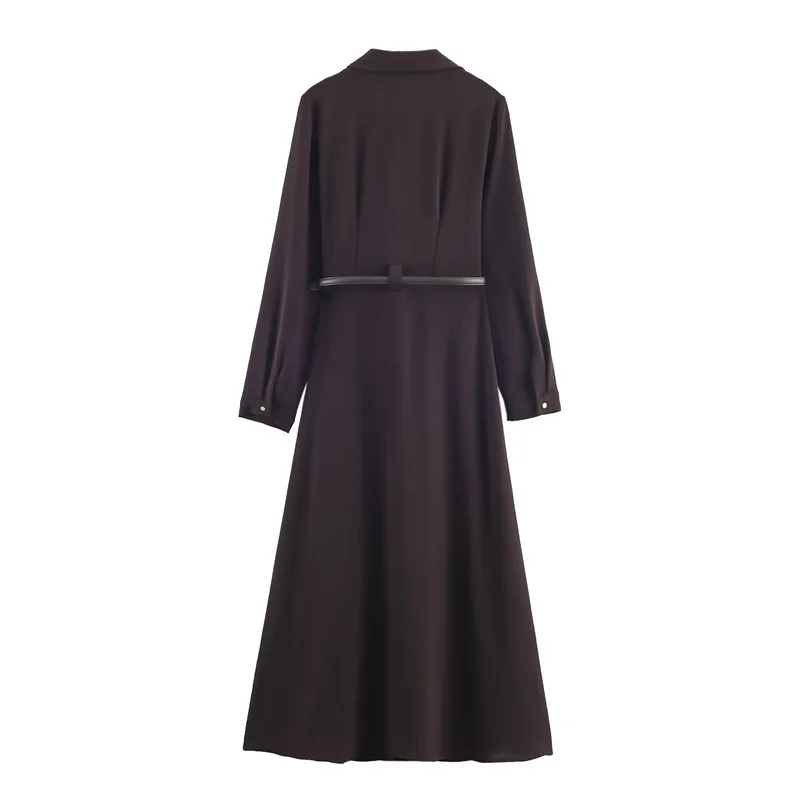 أزياء نسائية جديدة لخريف 2025: فستان قميص أنيق ومتعدد الاستخدامات برقبة على شكل حرف V مع حزام.