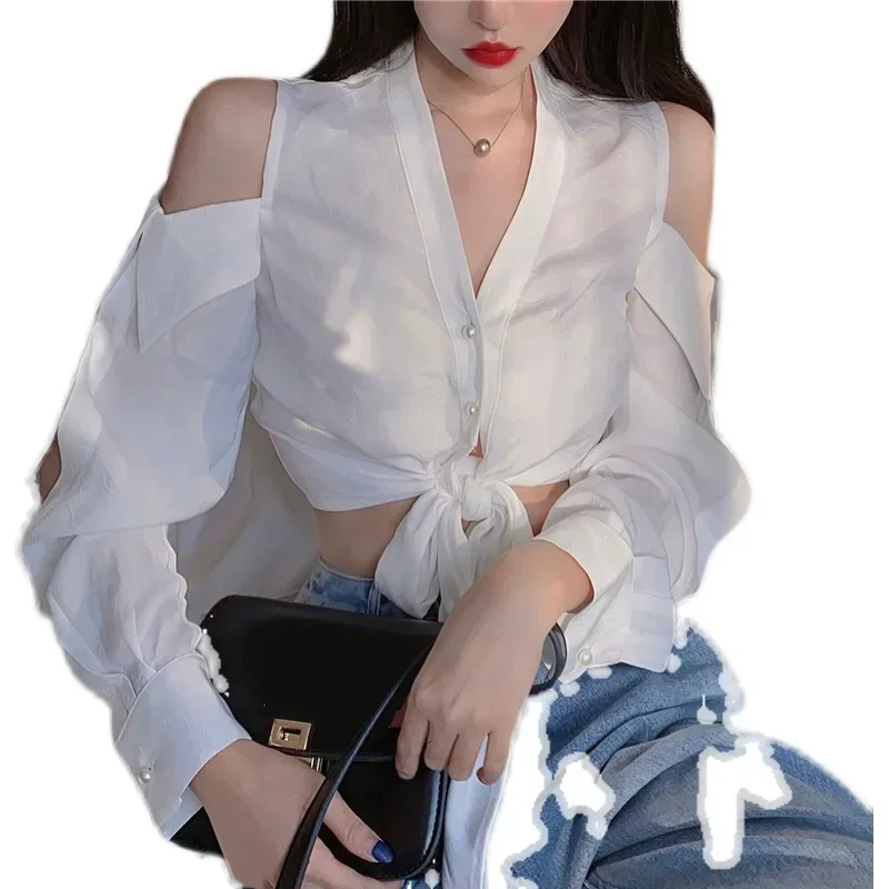 

Blusas Mujer De Moda, модная белая сексуальная блузка с открытыми плечами, рубашки, блузки для женщин, рубашки с v-образным вырезом и длинными рукавами, укороченные топы