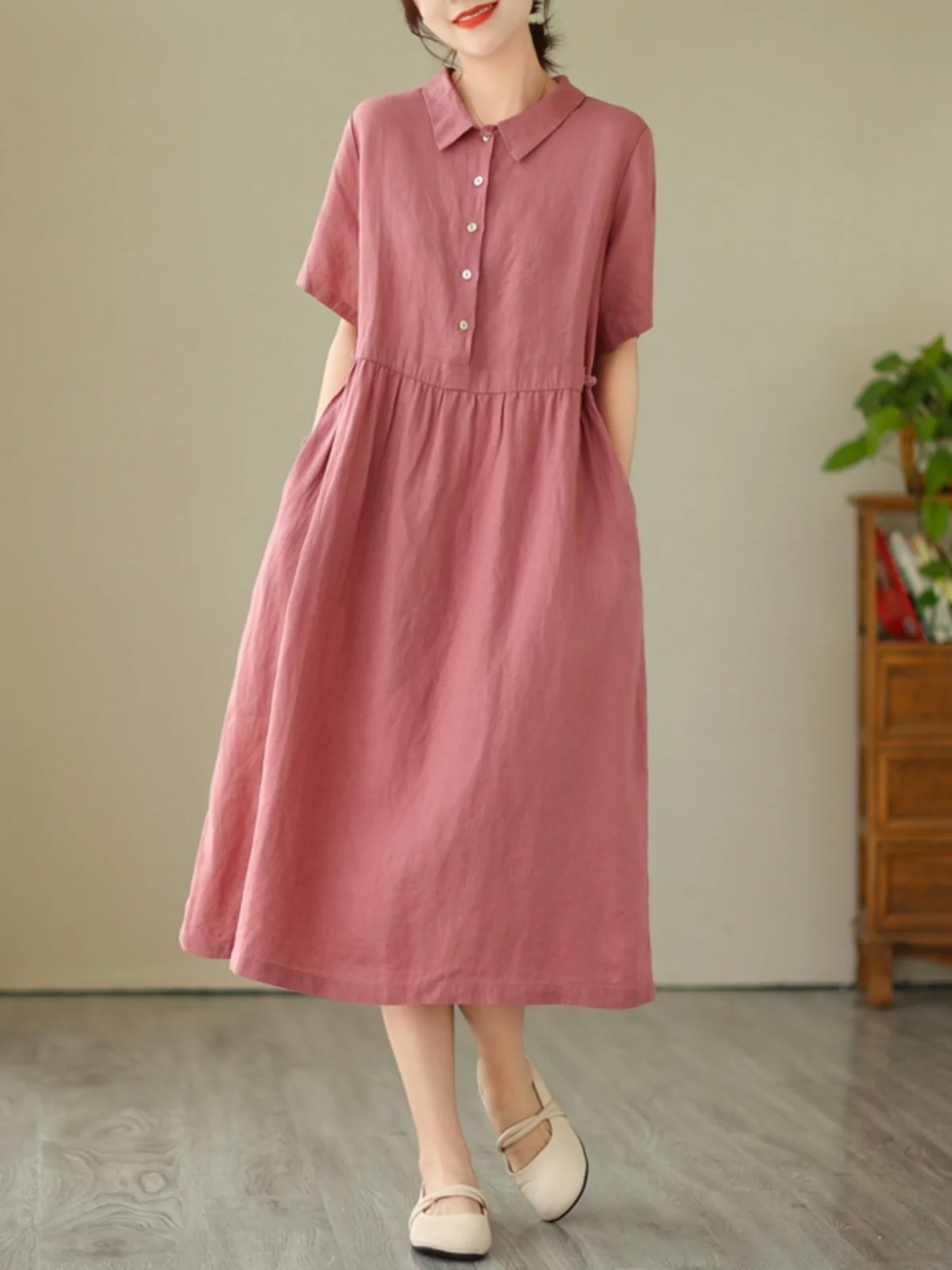 Japanese Style Linen  Collar Dress Women Summer New Loose Slimming Commute Casual Waist Cinching Shirt Skirt Trendy