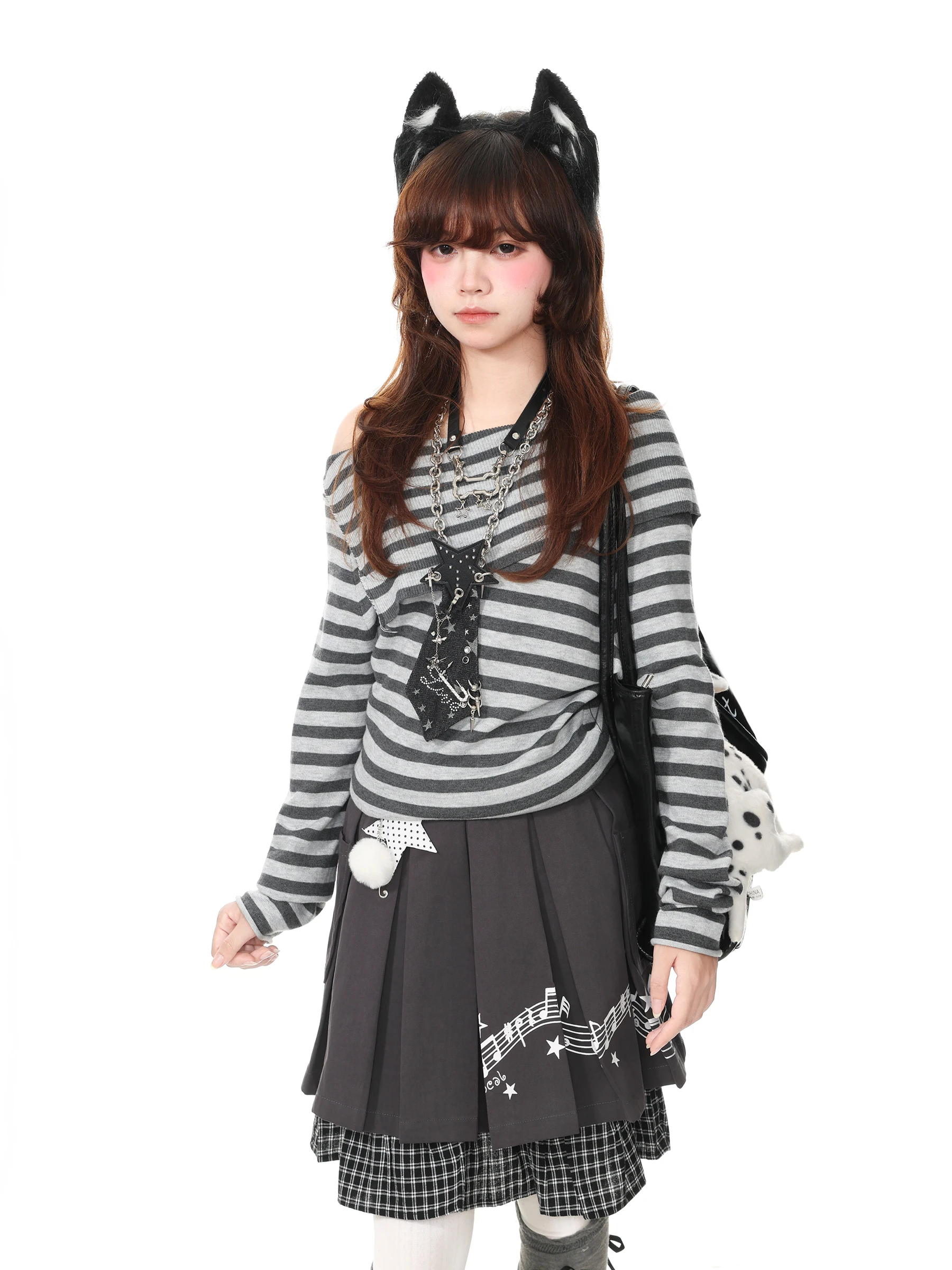 Blue Ghost Park Languid Park Sweet And Spicy Striped Asymmetrical Collar Long Sleeve Women's T-shirt Autumn Design Casual Style