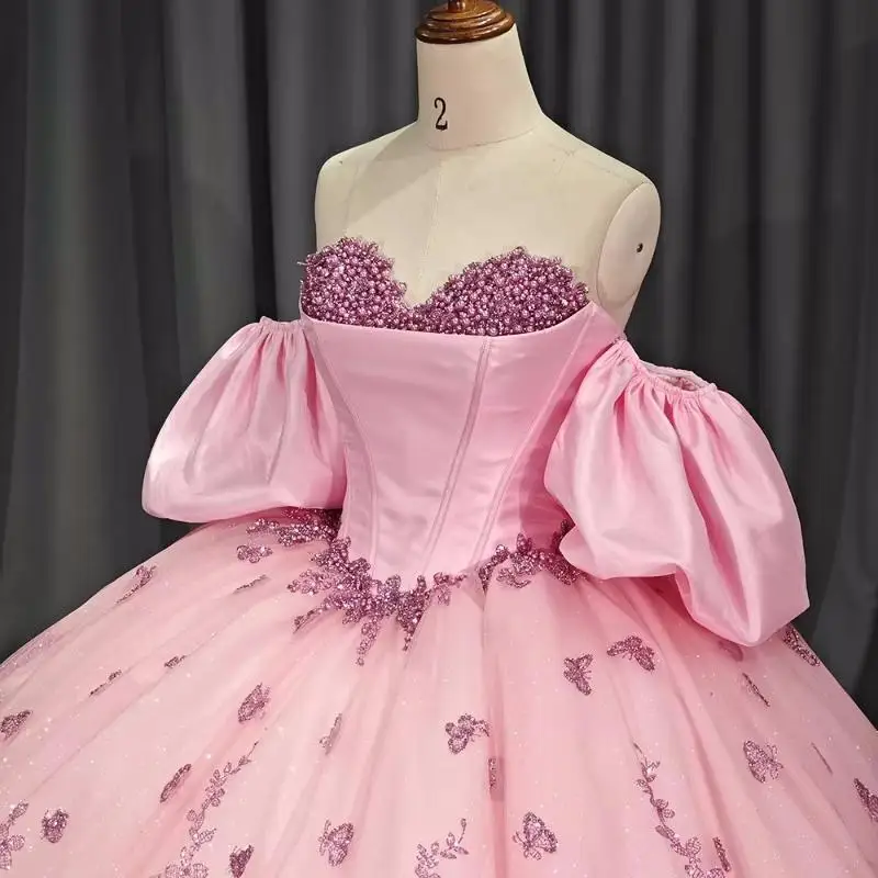 Розовые блестящие платья Quinceanera, бальное платье с открытыми плечами и блестками, аппликация, бант, бисер, кристалл, тюль, милое платье 16, Vestidos De 15