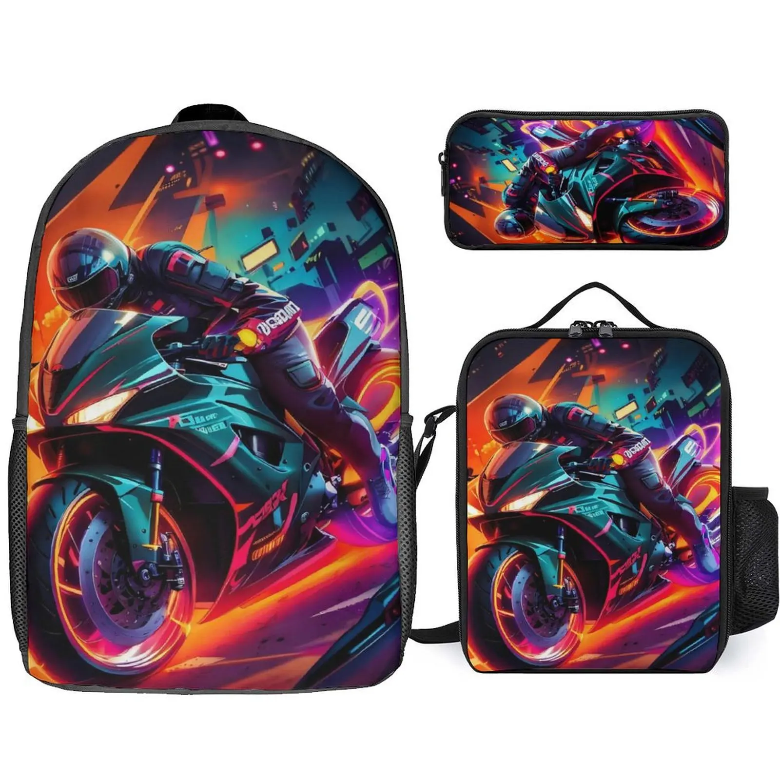 

3d Print Schoolbag 3-Piece Set Cool Motorcycle Graffiti Pattern Backpack Large Capacity Waterproof Schoolbag Animation Backpack