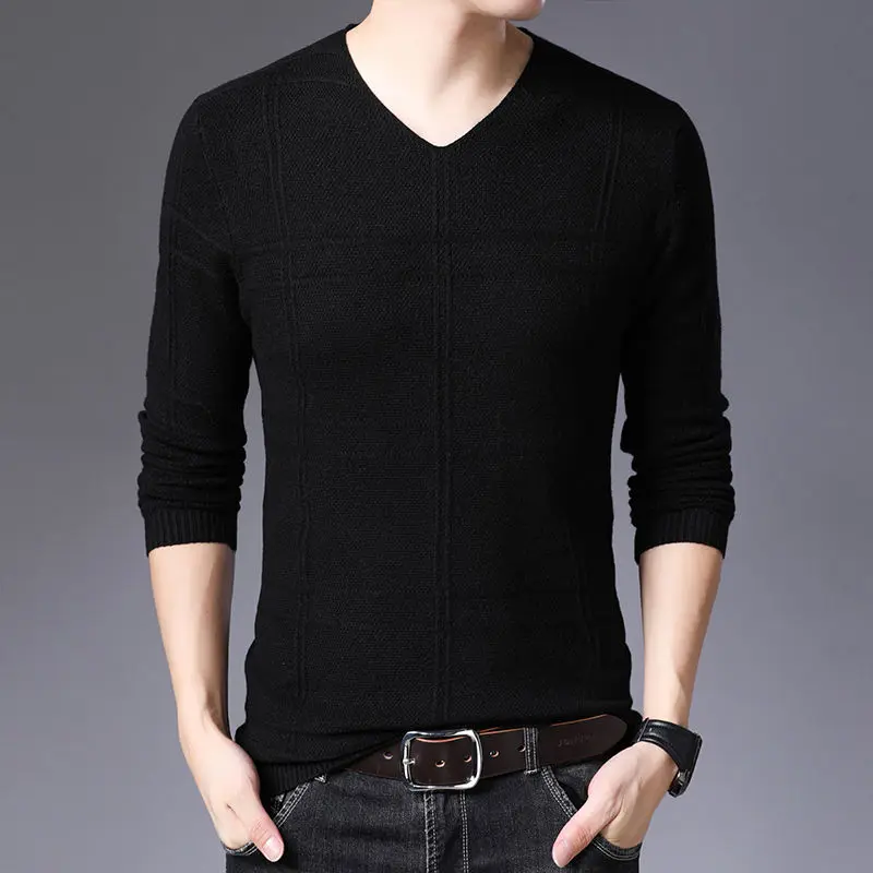 Autumn Winter New Men V-neck Pullover Sweaters Plaid Casual Korean Clothing Tees Fashion Slim Long Sleeve Bottoming Knitted Tops