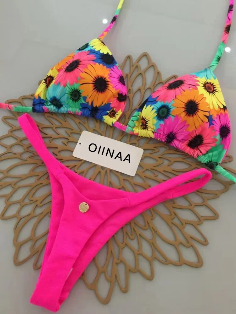 OIINAA Stampato Costume da bagno sexy Donna Bikini Set Perizoma Halter Backless Due pezzi Lace Up Moda femminile Costumi da bagno Costume da bagno Beachwear