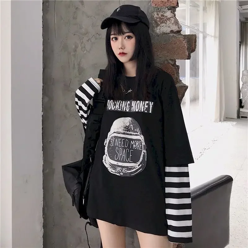 

Весна и осень 2021, искусственная футболка из двух предметов, женская корейская свободная футболка в стиле Харадзюку, винтажная одежда с длинными рукавами в готическом стиле, панк, футболка с рисунком