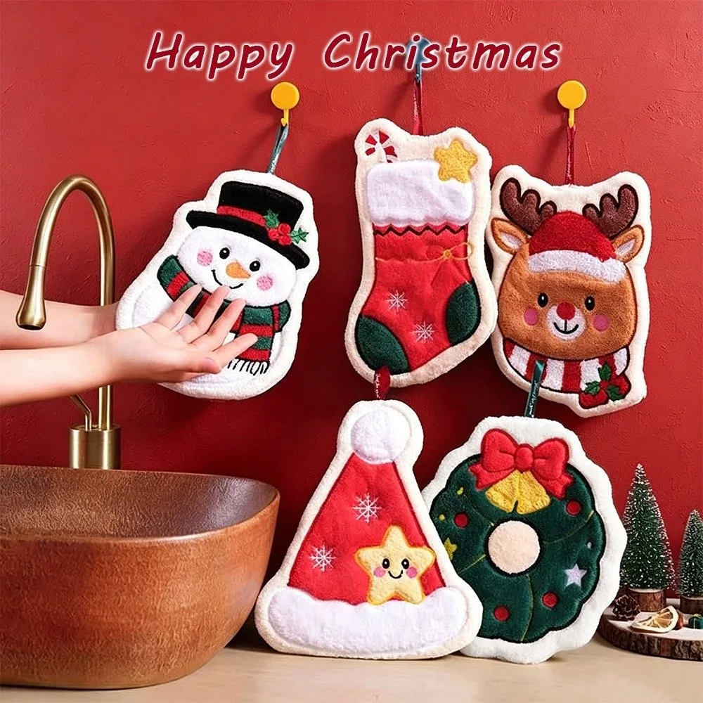 Cute Cartoon Christmas Hand Towel Coral Fleece Quick-drying Snowman Wipe Cloth Christmas Decor Absorbent Xmas Handkerchief